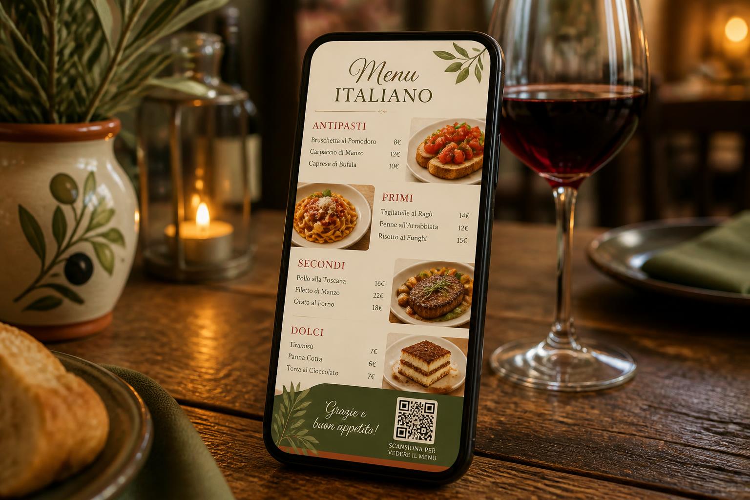 Smartphone con menù digitale e QR code sullo stesso tavolo